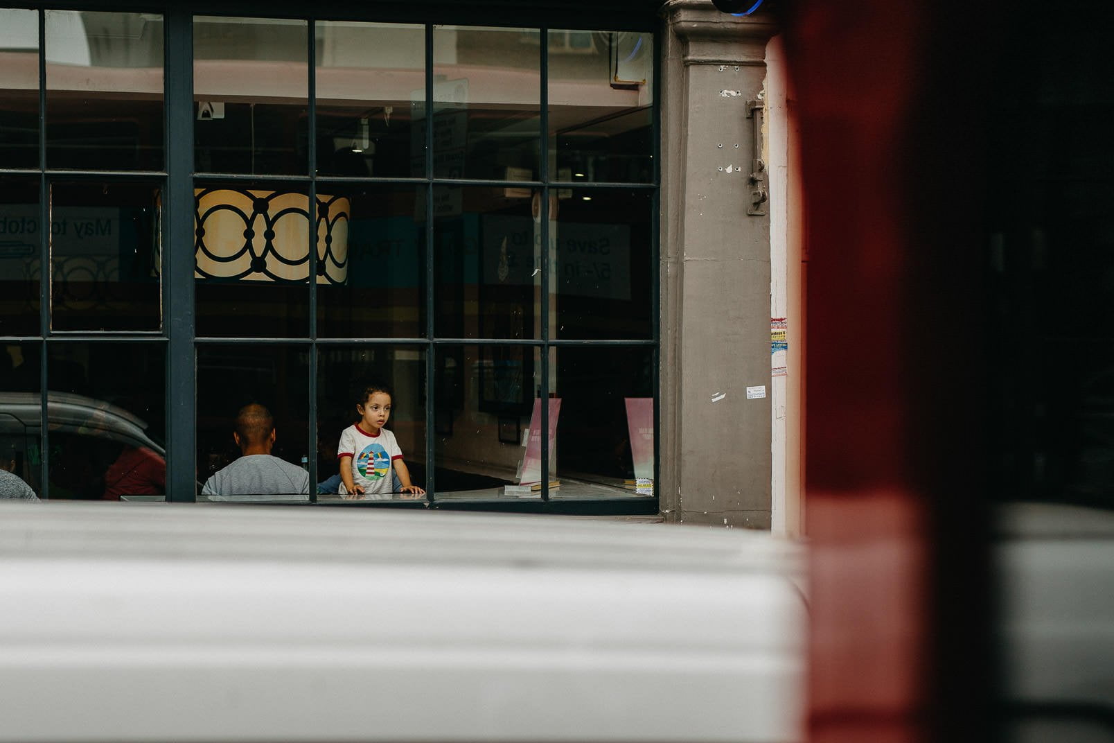 Kid looking on wedding bus