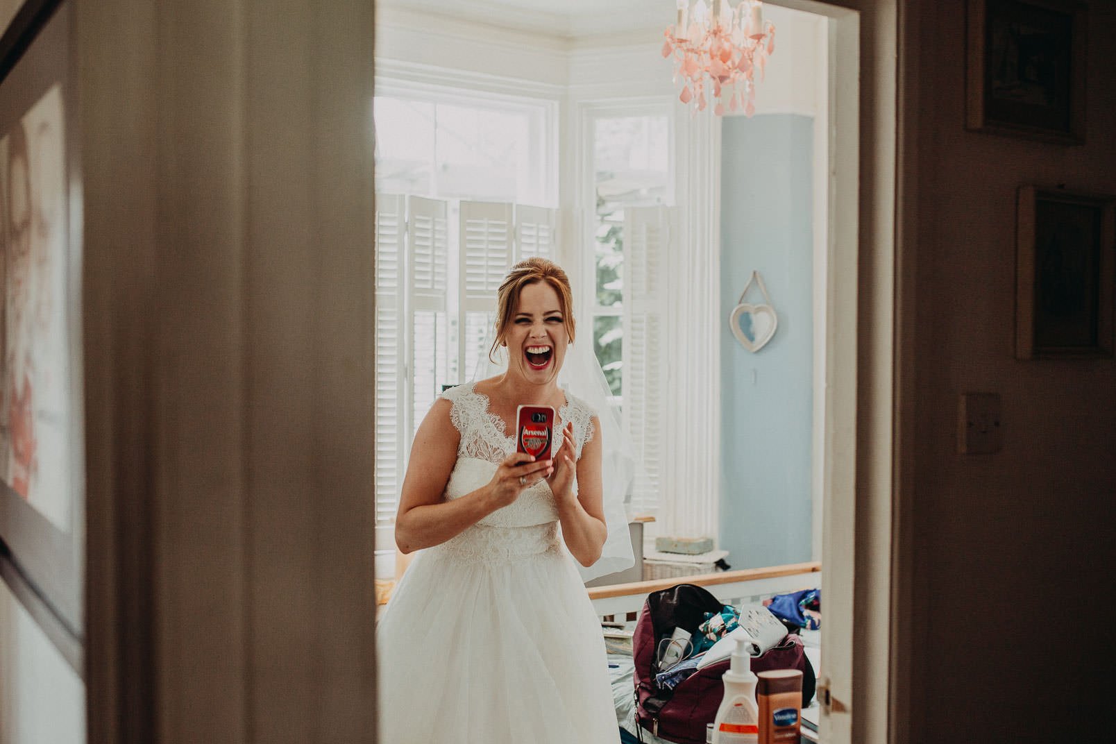 smiled bride in wedding dress